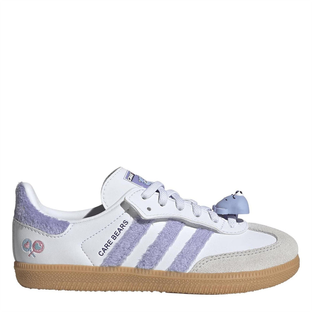 Kids' adidas Originals Samba-style sneakers with white upper, lavender stripes, gum sole
