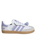 Kids' adidas Originals Samba-style sneakers with white upper, lavender stripes, gum sole