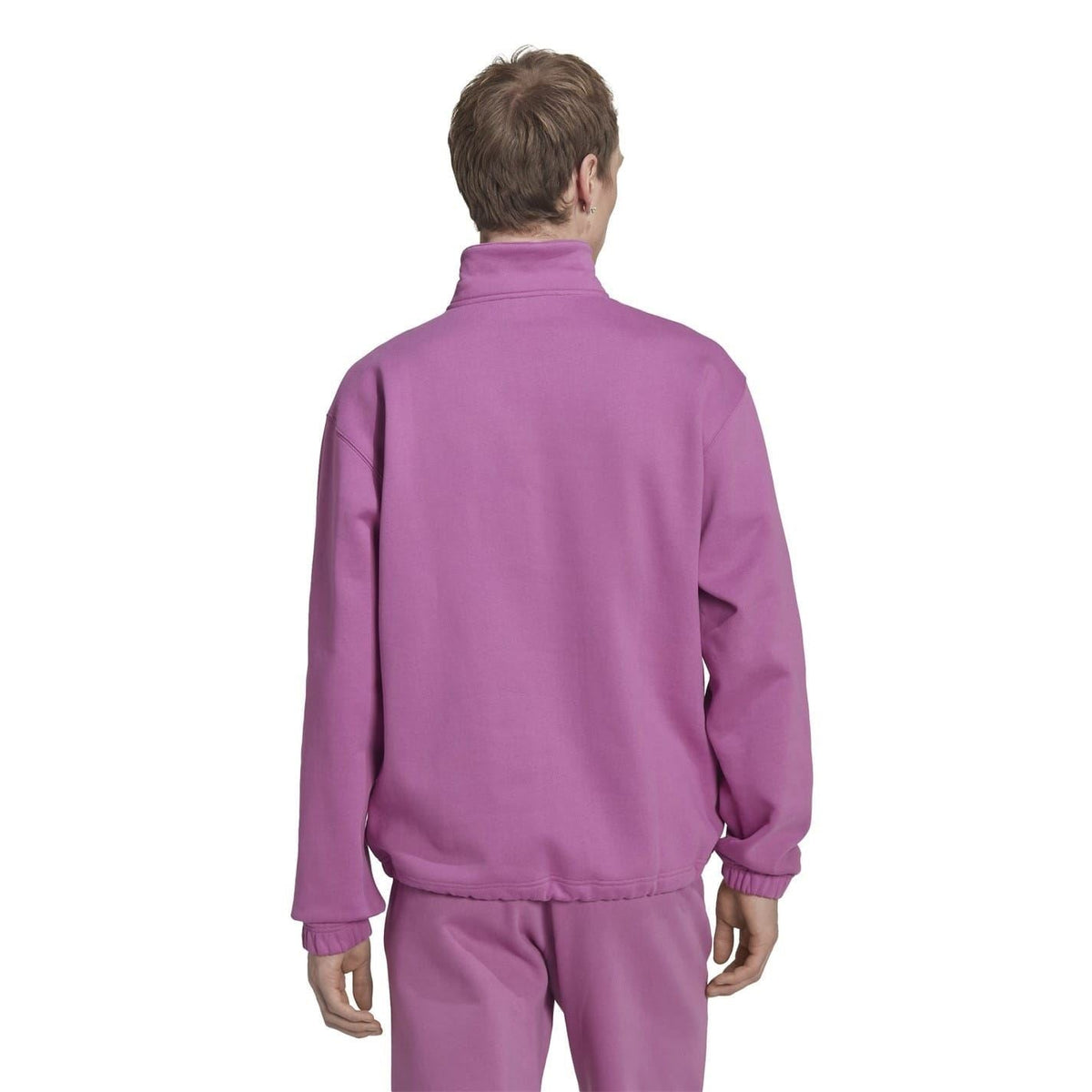 Purple half-zip crew sweatshirt back view with ribbed hem and cuffs.