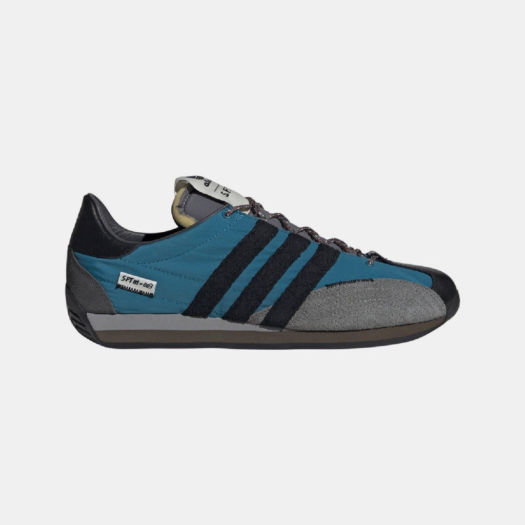 Teal, black and gray lace-up low-top trainers with three stripe branding and dark sole