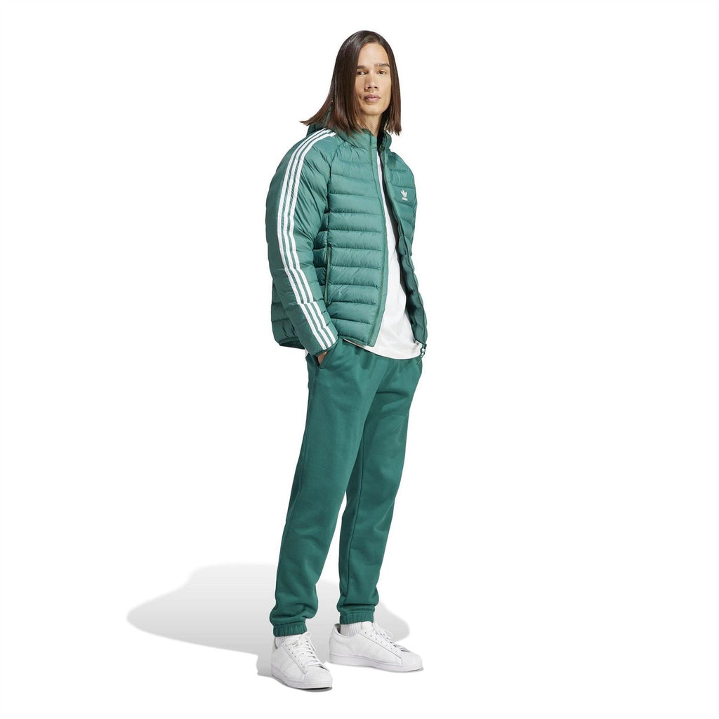 Teal hooded puffer jacket with white sleeve stripes and full-zip front