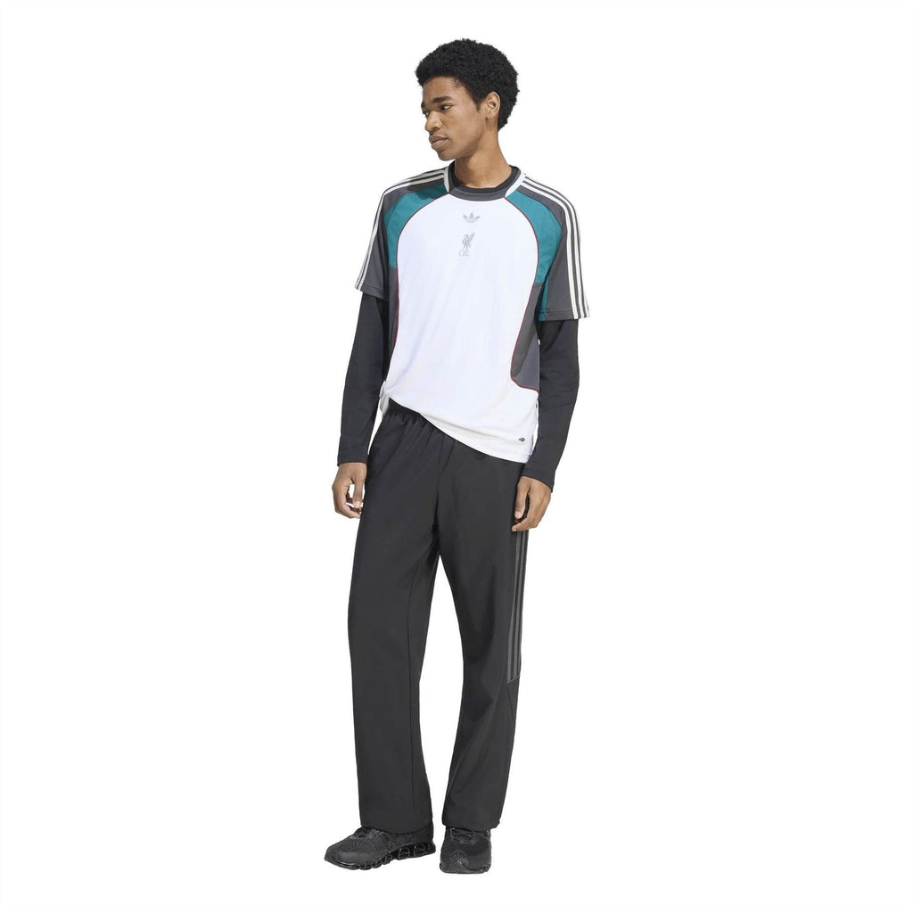 Liverpool FC jersey with 3-stripe shoulders, white body with teal and dark gray panels