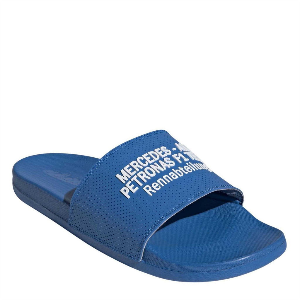 Blue slide sandal with perforated strap showing 'MERCEDES PETRONAS' print