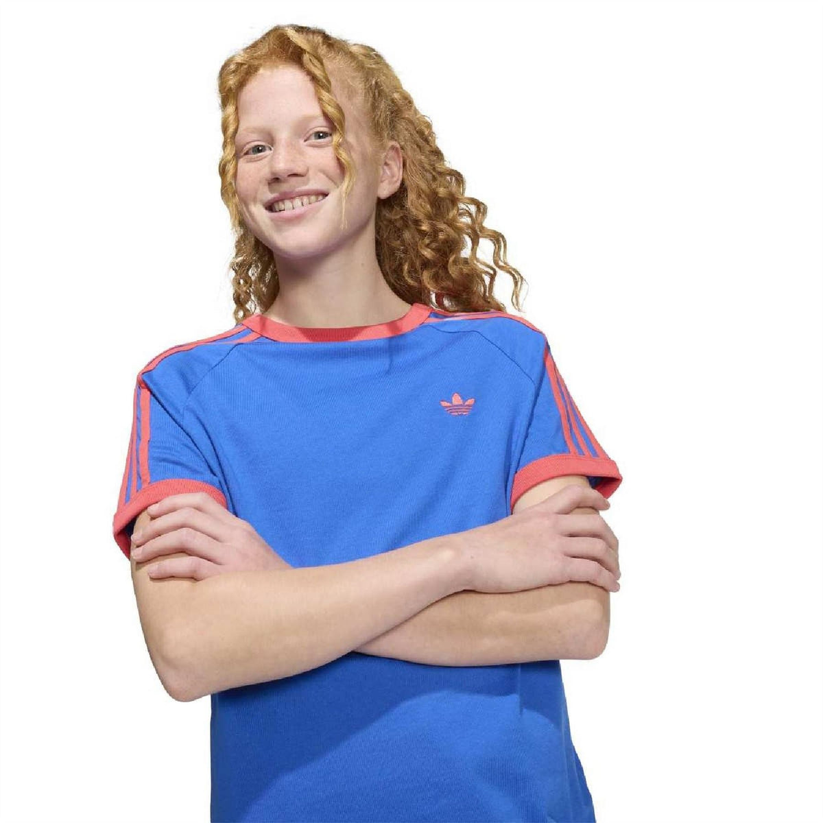 Kids blue adidas Originals T-shirt with orange crew neck trim and small trefoil chest logo