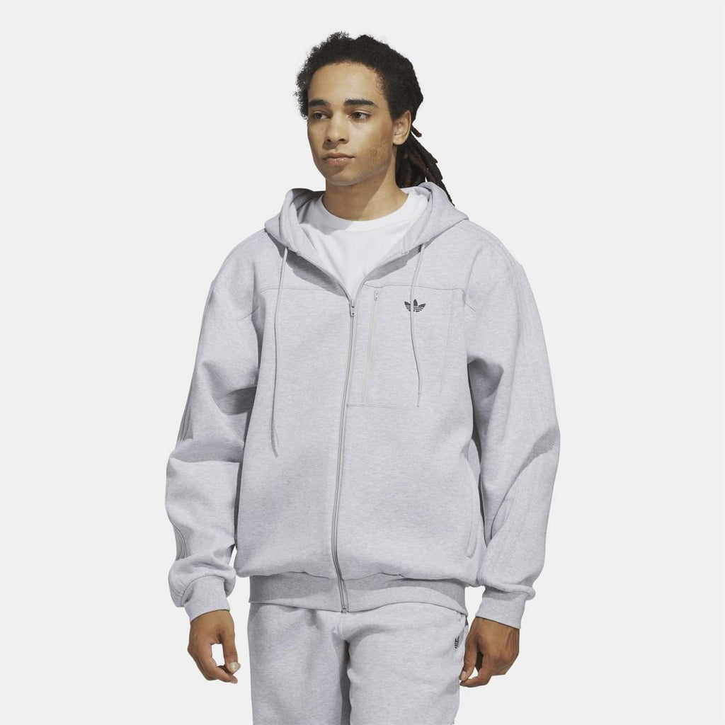 Grey fleece zip-up hoodie with trefoil logo, hood, and zip front pockets