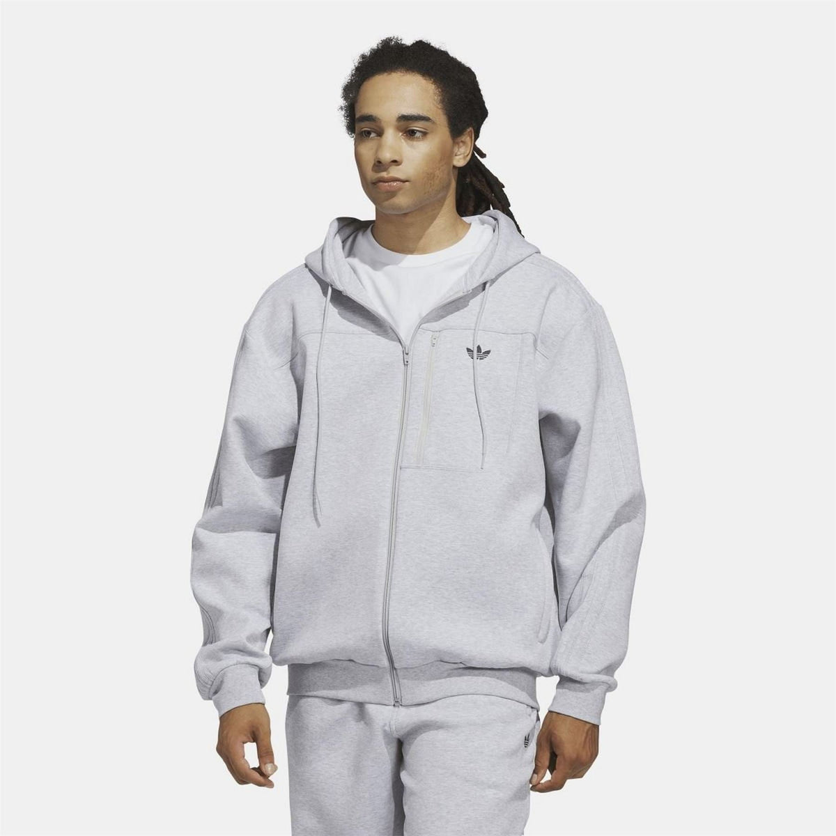 Grey fleece zip-up hoodie with trefoil logo, hood, and zip front pockets