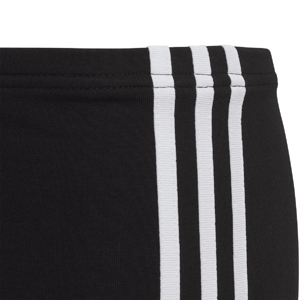 Black adidas leggings with three vertical white stripes on waistband and leg