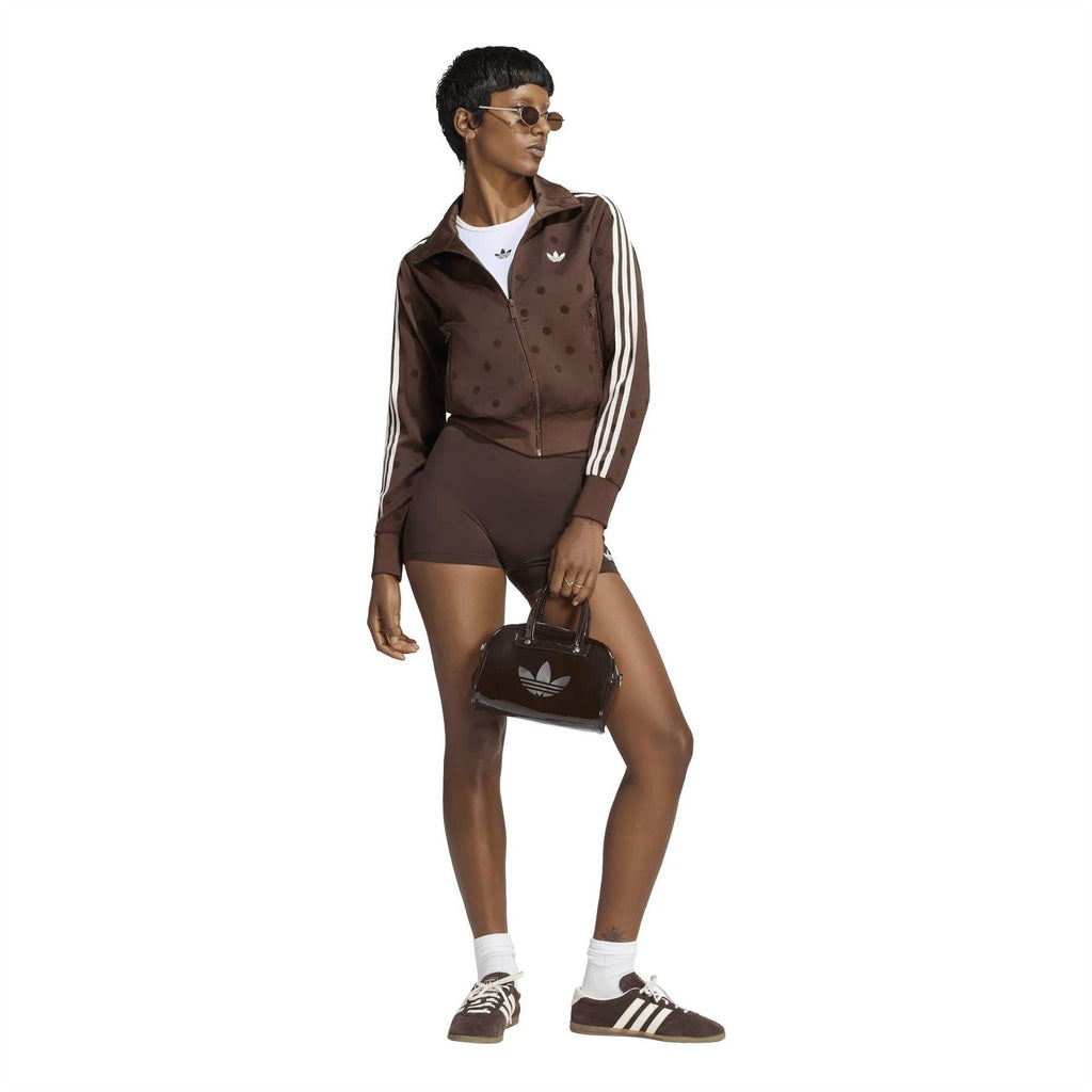 adidas Originals polka dot track jacket, brown zip-front with white sleeve stripes