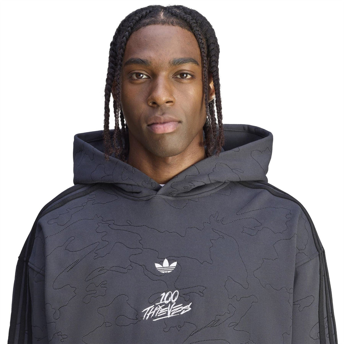 adidas Originals 100t hoodie with trefoil logo and "100 Thieves" style chest graphic