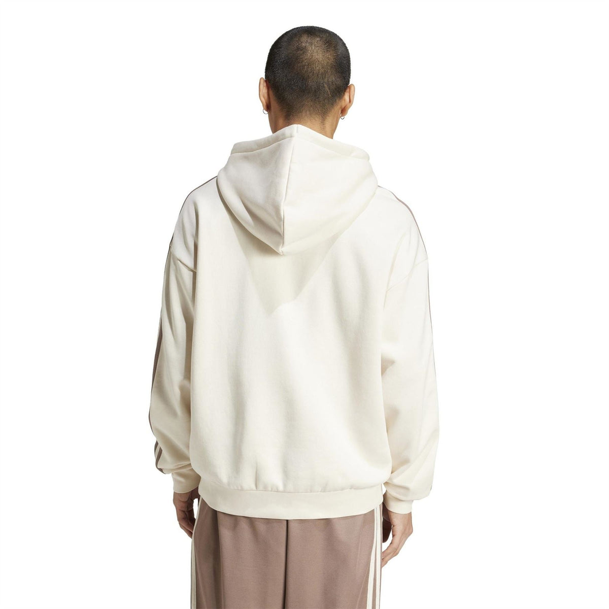 Off-white adidas Originals hoodie from the back with hood and drawstring; three stripe sleeves.