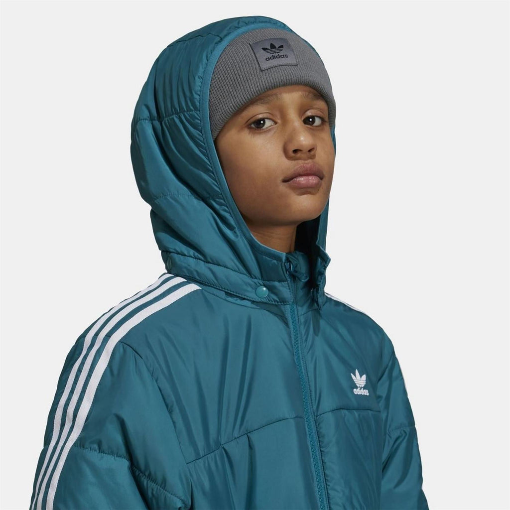 Teal hooded padded jacket with adidas logo on chest and drawstring hood