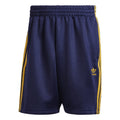 Dark blue shorts with elastic waistband, yellow side stripes, and adidas Originals logo