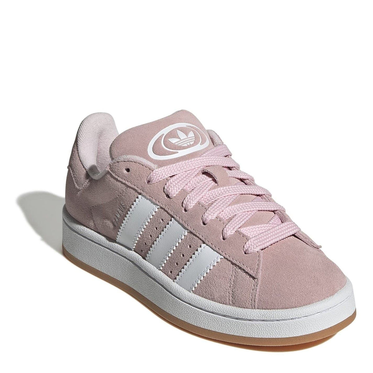 adidas Originals Campus 00s pink suede sneakers with lace-up, white stripes, adidas logo on tongue