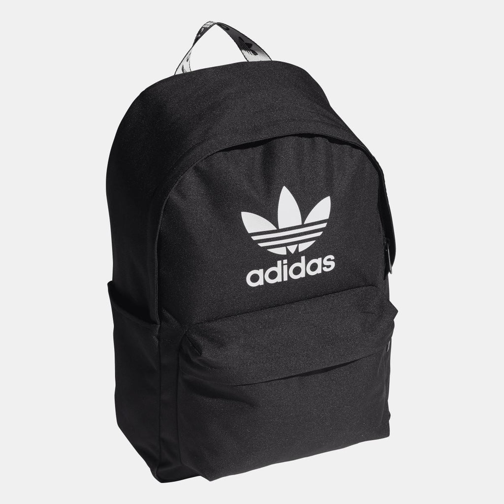 Black Adidas Originals Adicolor backpack with large front trefoil logo and top loop
