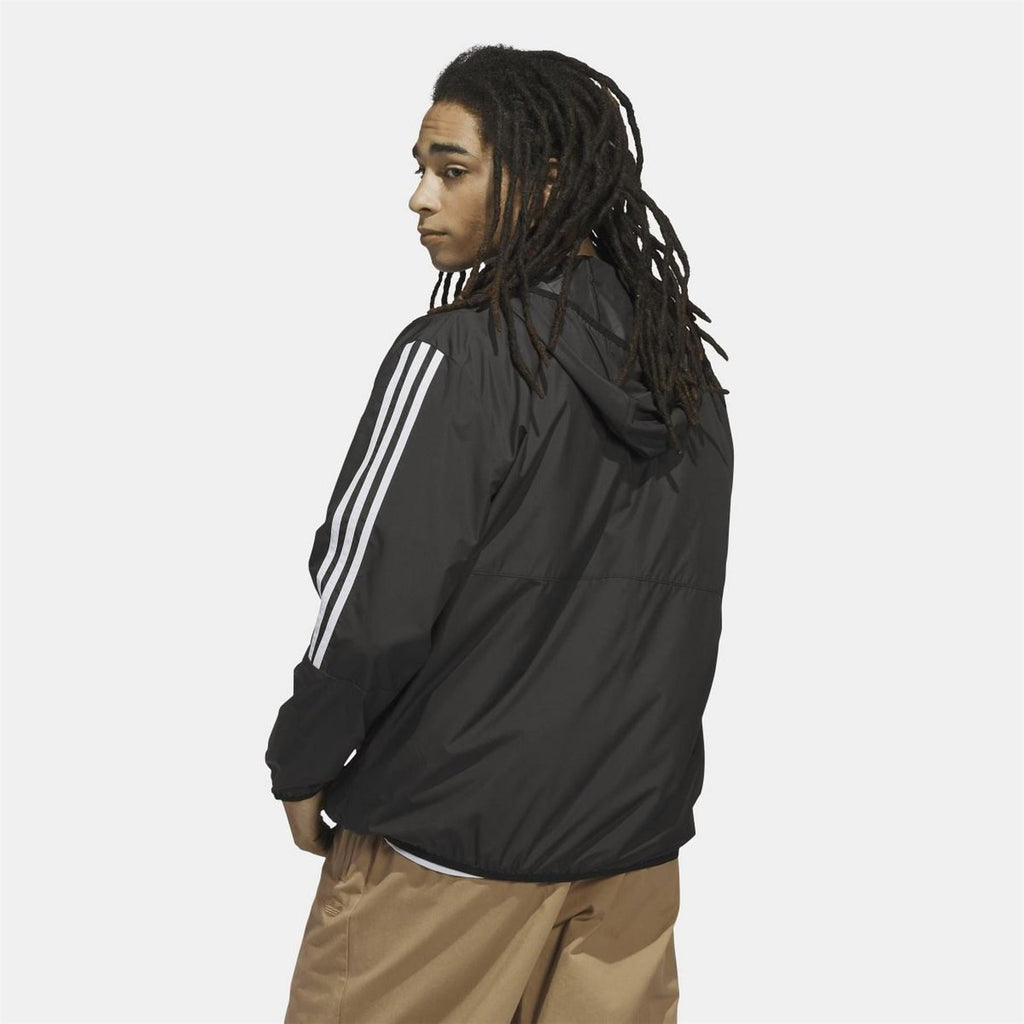 Black windbreaker jacket with hood and three white shoulder stripes