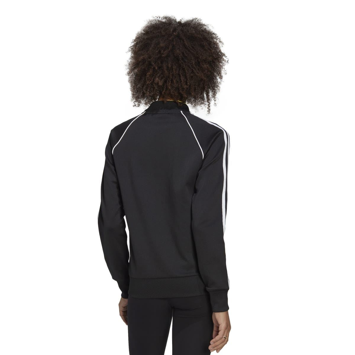 Black track top back view with stand collar and white triple side sleeve stripes