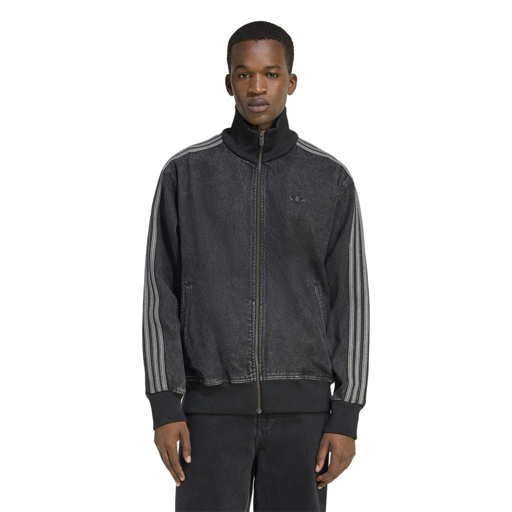 Mens black denim zip-up jacket with ribbed cuffs and adidas logo on chest