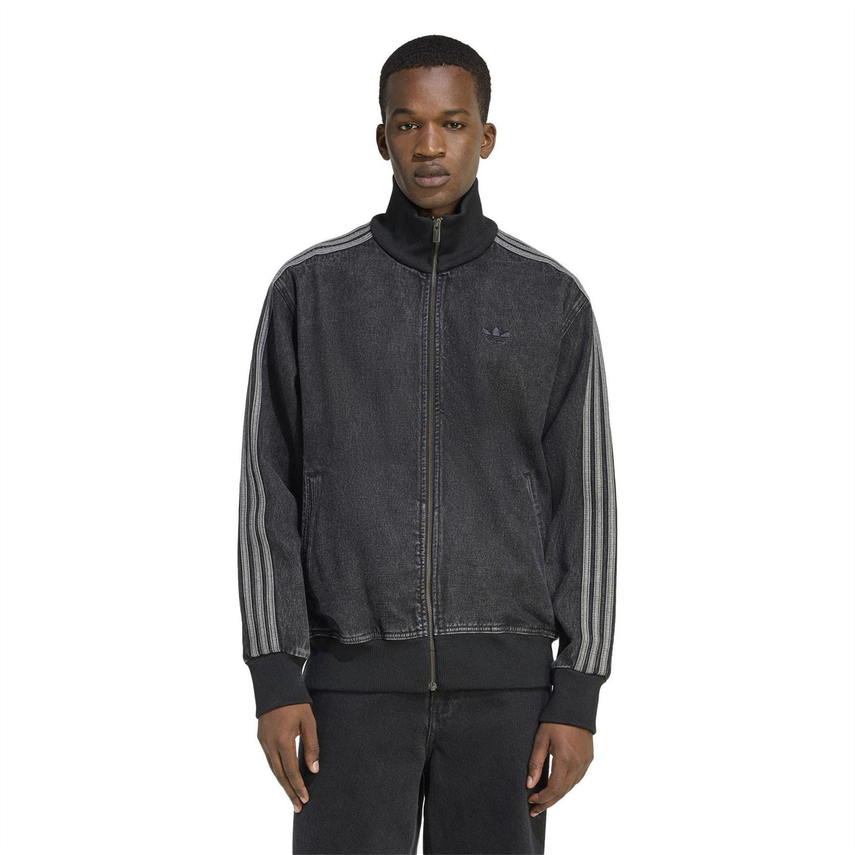 Mens black denim zip-up jacket with ribbed cuffs and adidas logo on chest