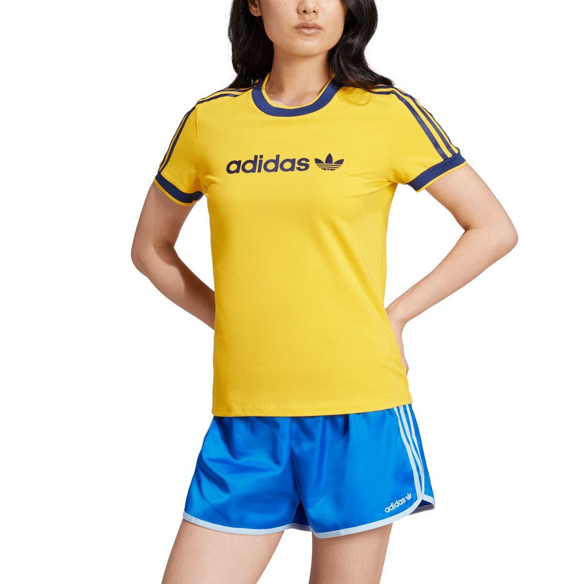 Yellow slim T-shirt with blue crew neck trim and adidas logo on the chest.