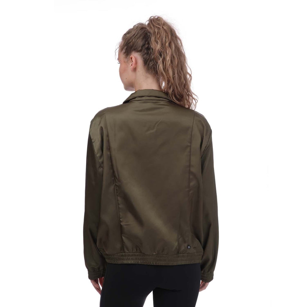 adidas Originals olive satin track top back view with ribbed hem