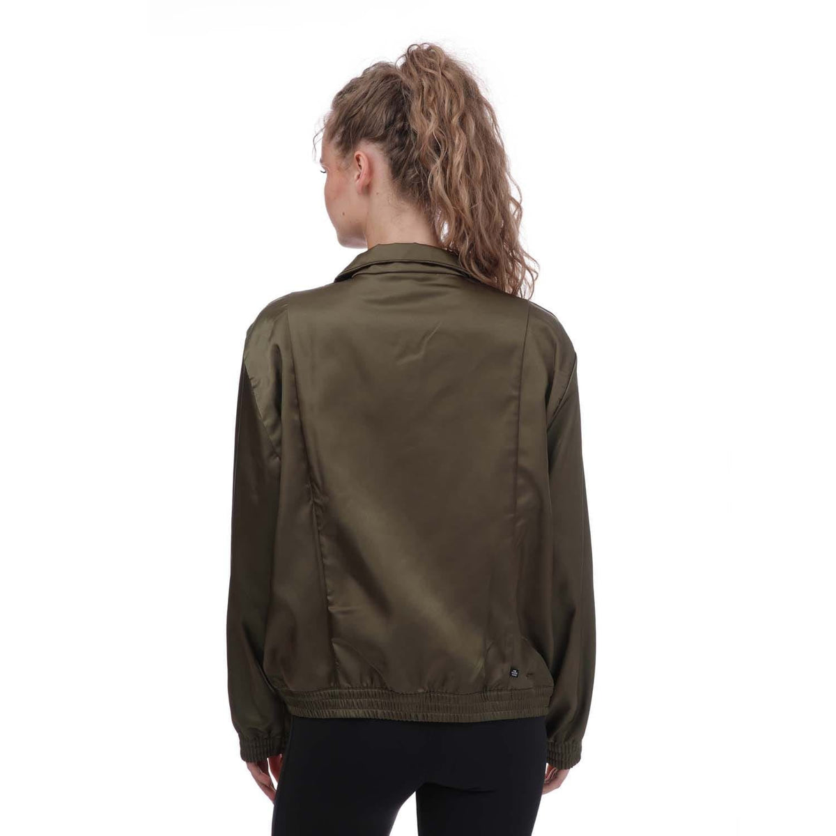 adidas Originals olive satin track top back view with ribbed hem