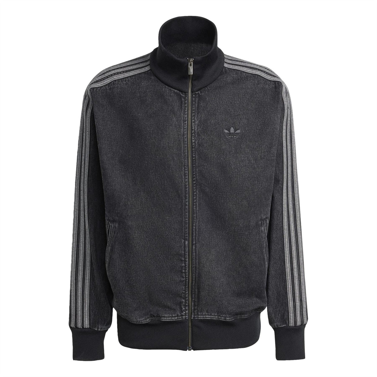 adidas Originals mens black denim jacket with high collar and zip front