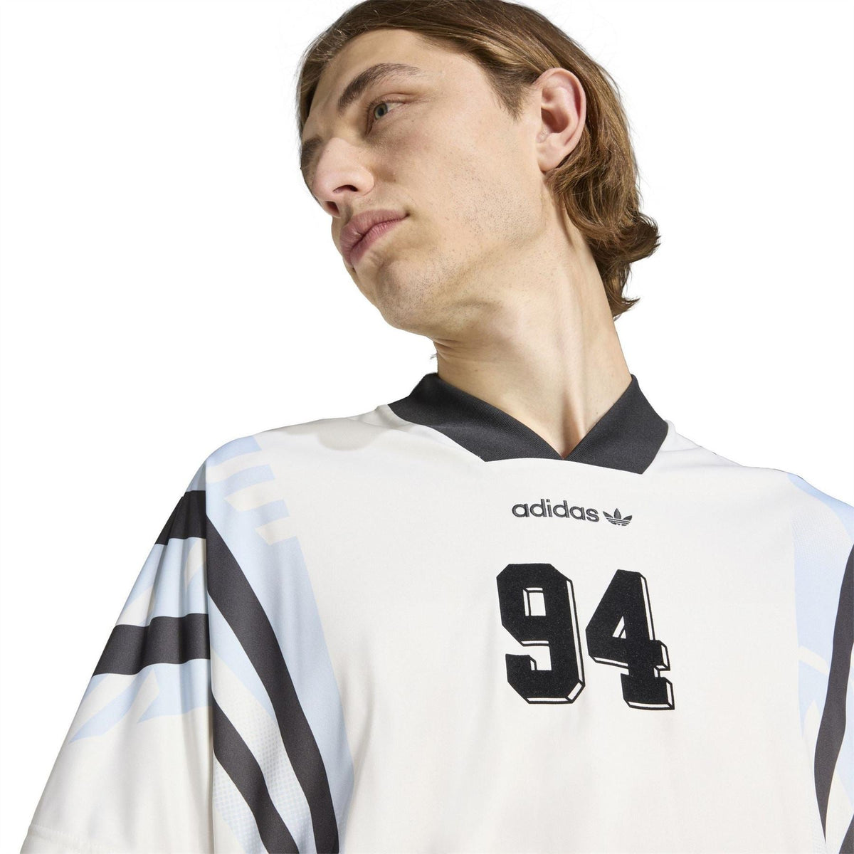 White printed shirt with black collar, Adidas logo, 94 graphic, light blue cloud accents