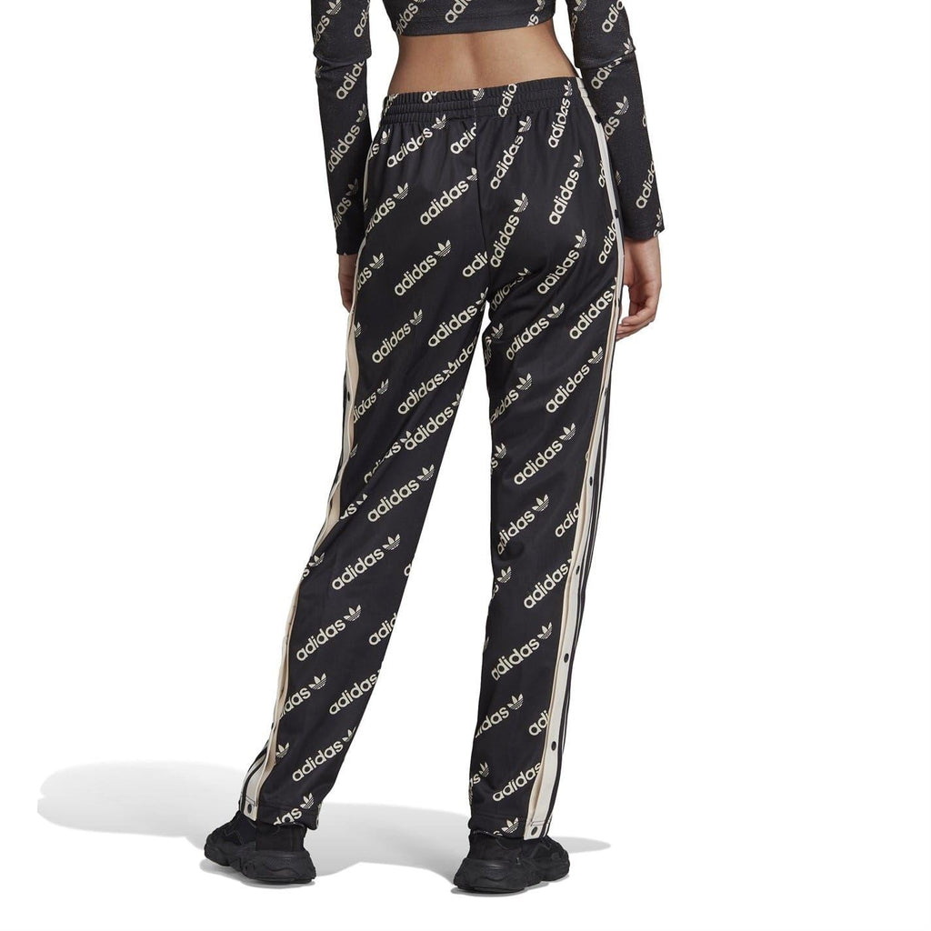 Black allover-logo jogger sweatpants with tapered legs, elastic cuffs, and side stripes