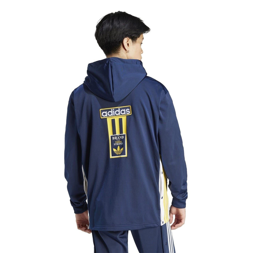 Dark blue hooded track jacket with adidas logo on back and branded patch