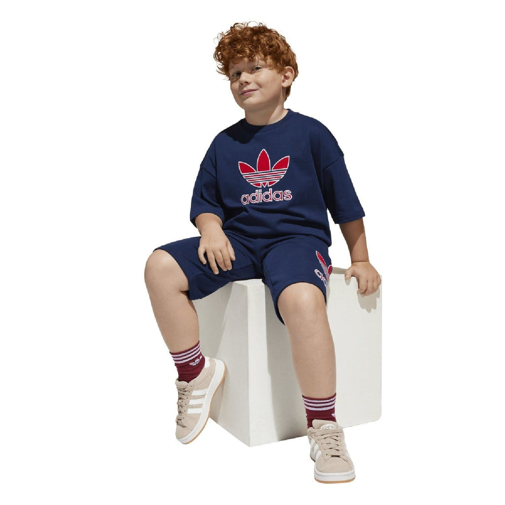 Kids adidas T-shirt and shorts set, navy with red trefoil logos