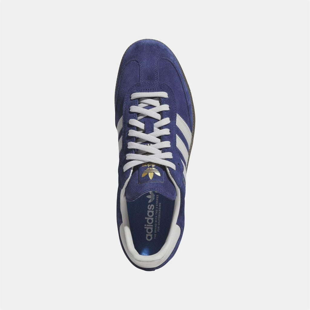adidas Originals ADV shoes dark blue suede, front view with lace-up and three white stripes