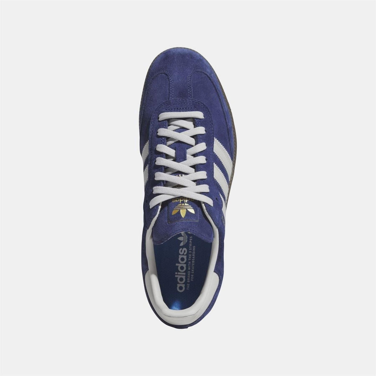 adidas Originals ADV shoes dark blue suede, front view with lace-up and three white stripes