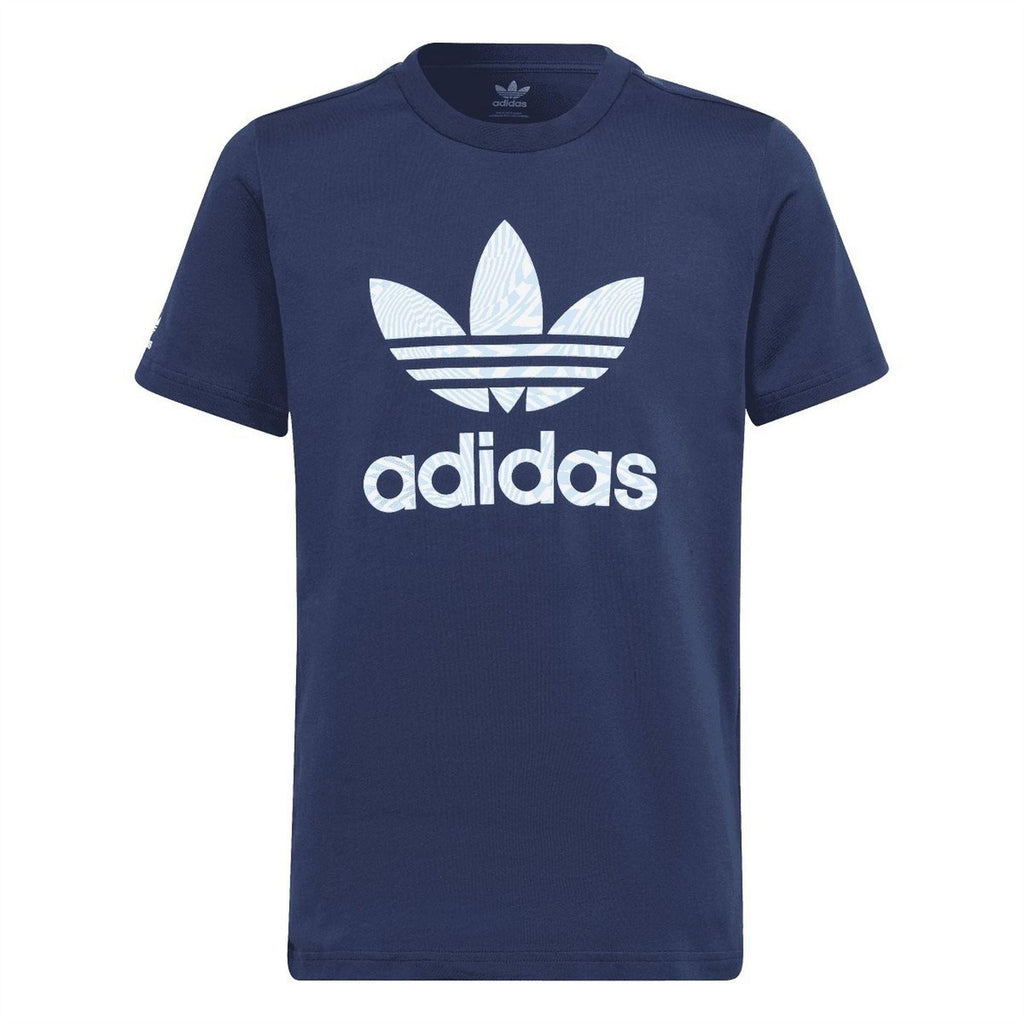 Indigo adidas Originals T-shirt with large front trefoil and adidas logo graphic