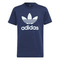 Indigo adidas Originals T-shirt with large front trefoil and adidas logo graphic
