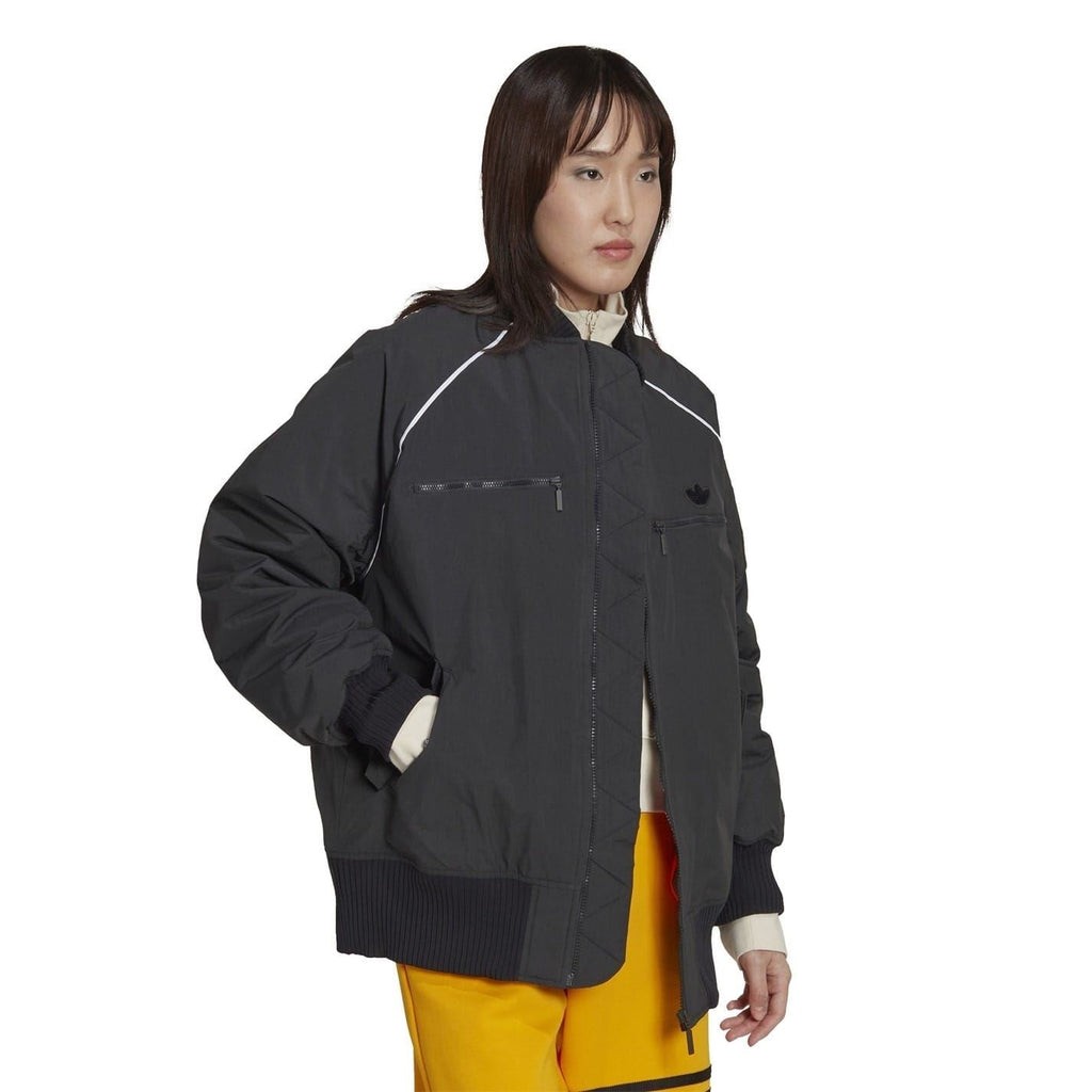 Dark zip-up bomber jacket with flap pockets, ribbed trim, stand collar, front zipper.