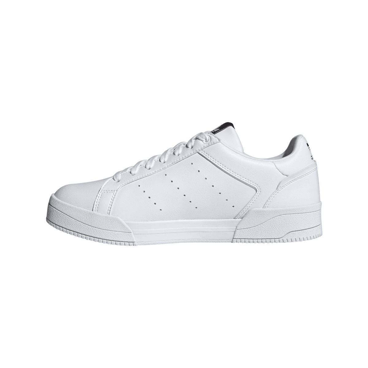 White adidas Originals Court Tourino trainers with smooth leather upper, lace-up front, perforations.