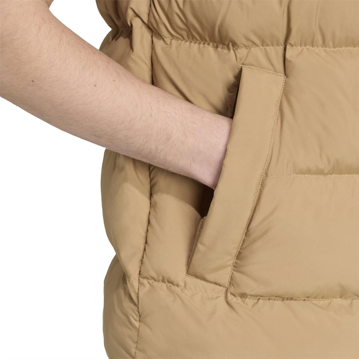 adidas Originals brown gilet close-up: side pocket and full-zip front panel