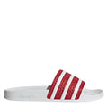 adidas Originals red and white slide sandals with three striped upper and contoured footbed