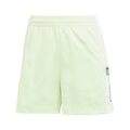Light green Bermuda shorts with elastic waist and white striped side panels