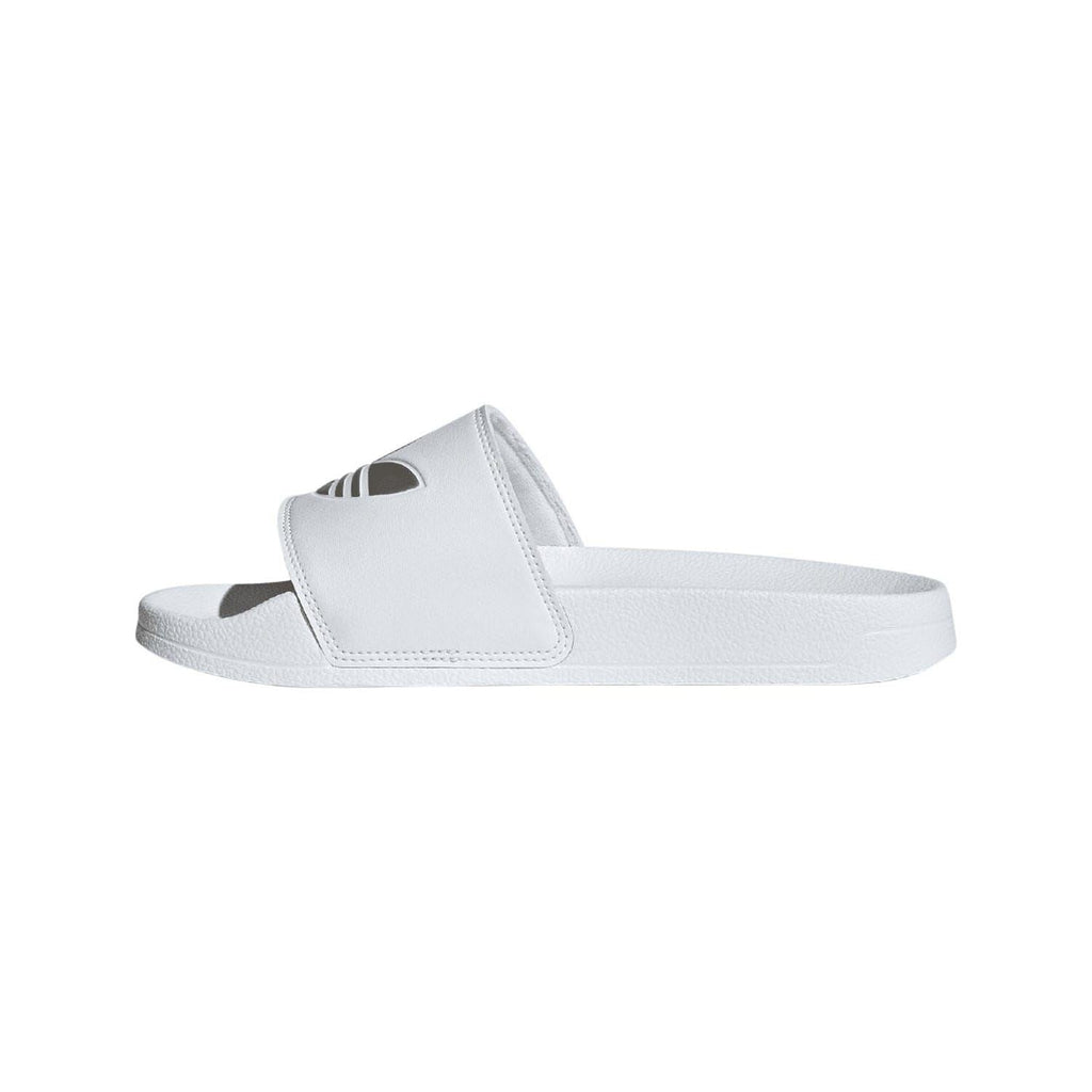 White adidas slide sandals, side view with contoured band and logo details