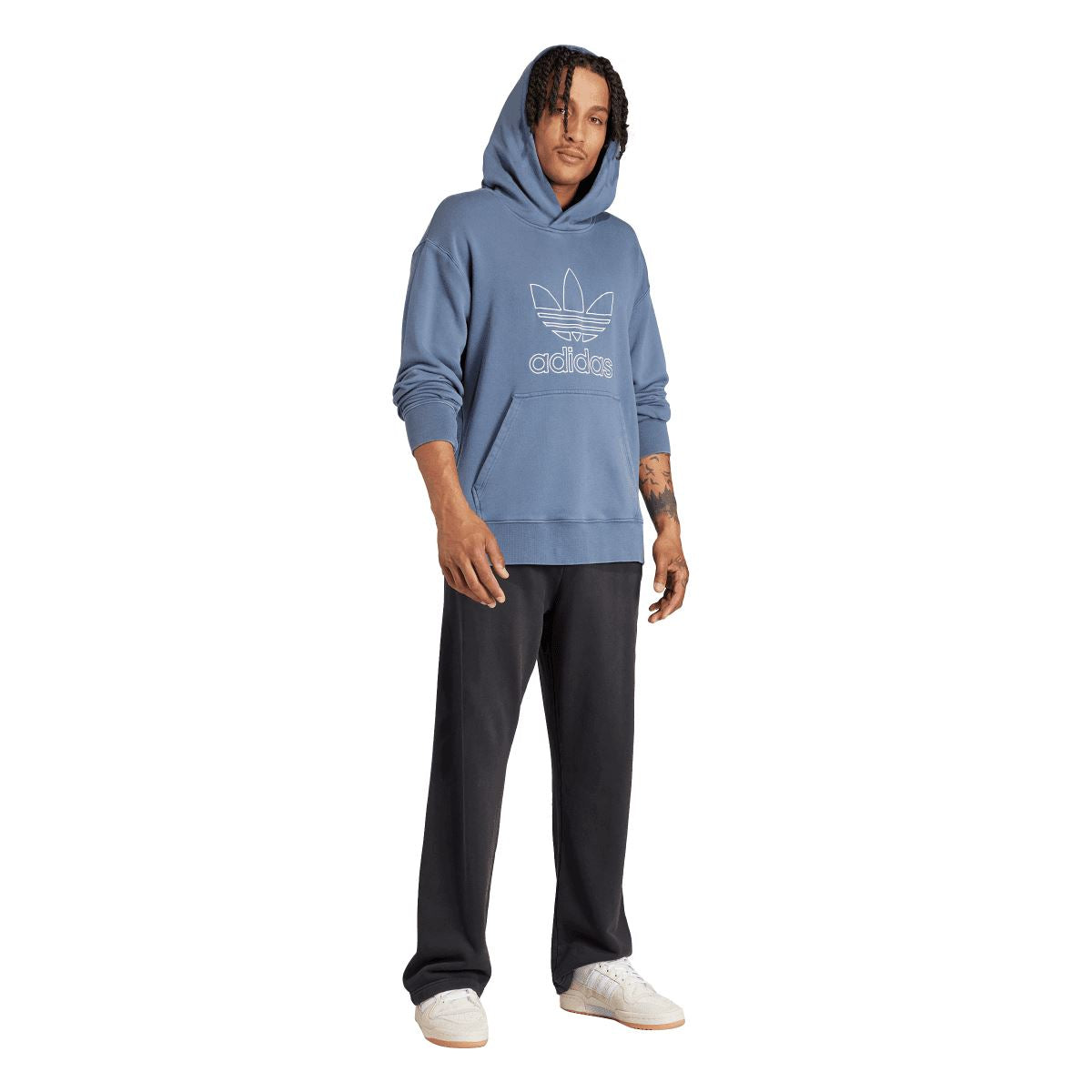 Blue adidas trefoil outline hoodie worn with black pants, front angled view