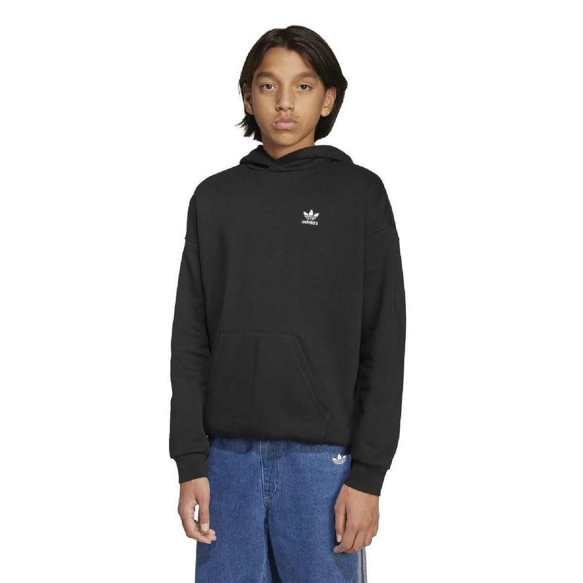 Black junior hoodie sweatshirt with small adidas trefoil logo, front kangaroo pocket.