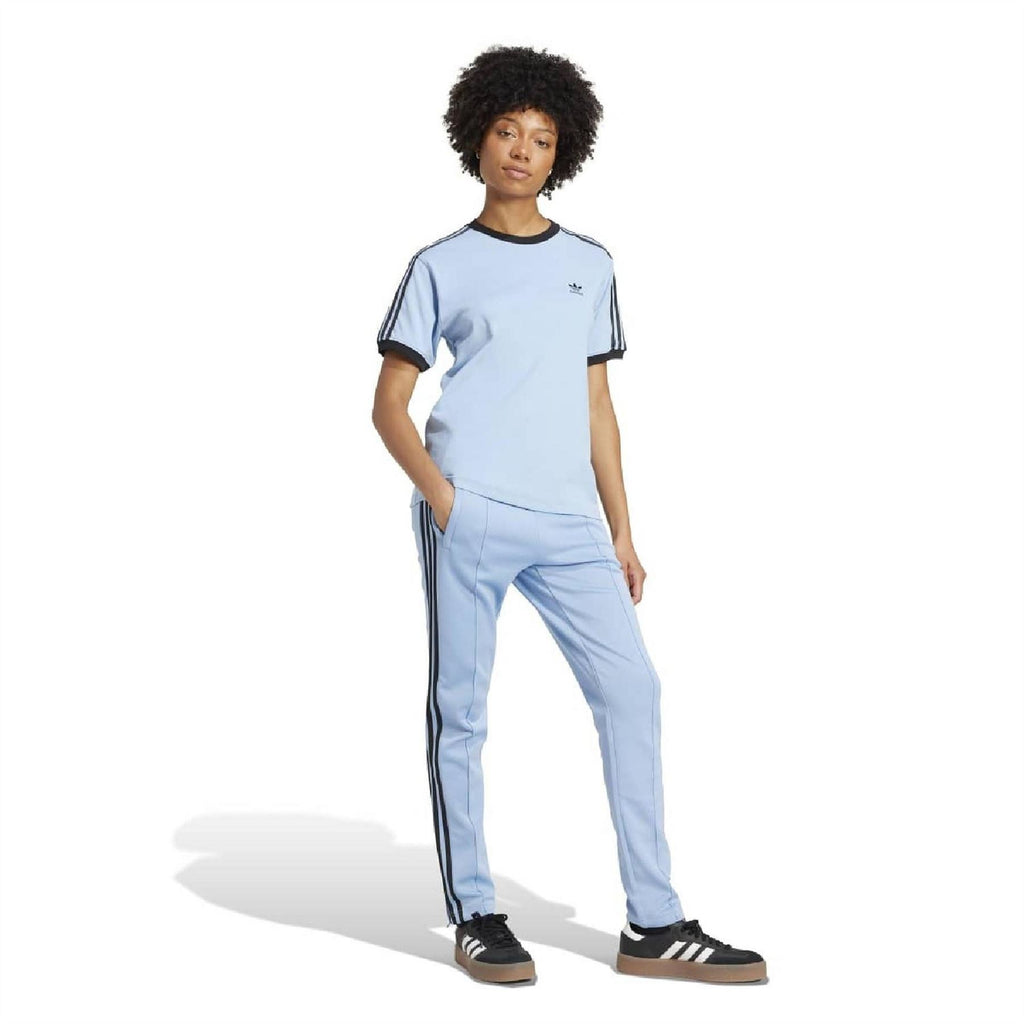 ash blue adidas Originals crew neck jersey T-shirt with black 3-stripe sleeve detail