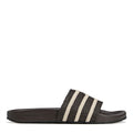 Dark brown adidas adilette slides with woven strap and cream triple stripes
