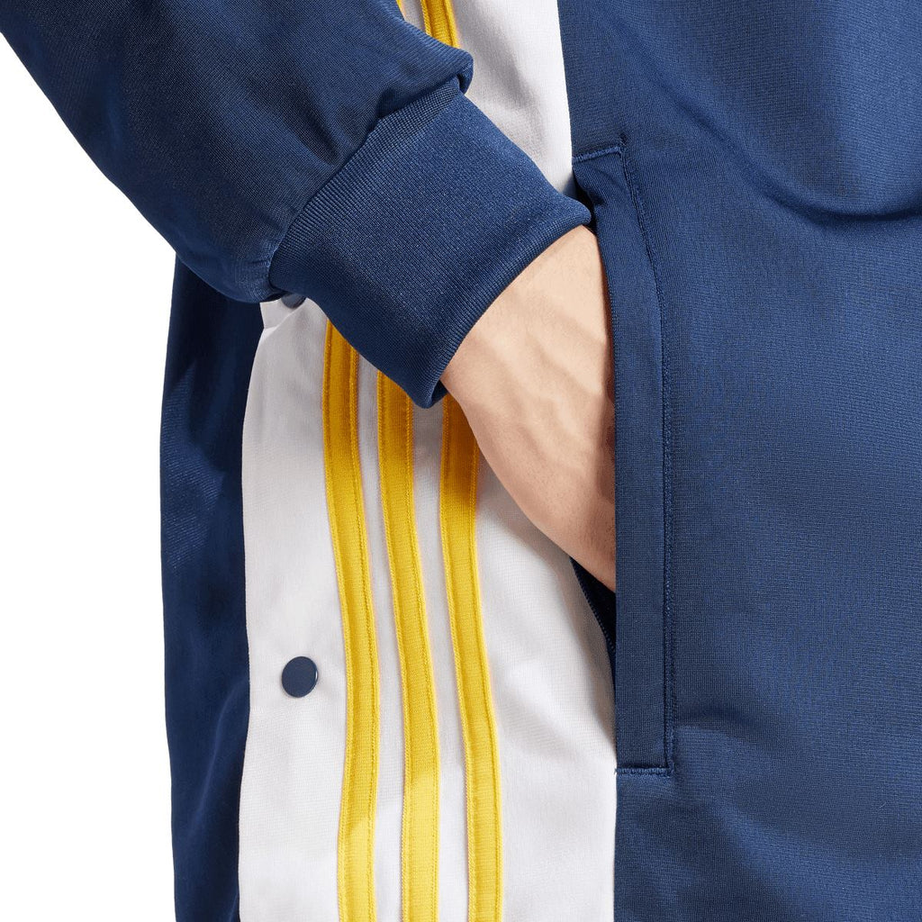 Indigo full-zip hoodie with front zipper and side pocket seam detail