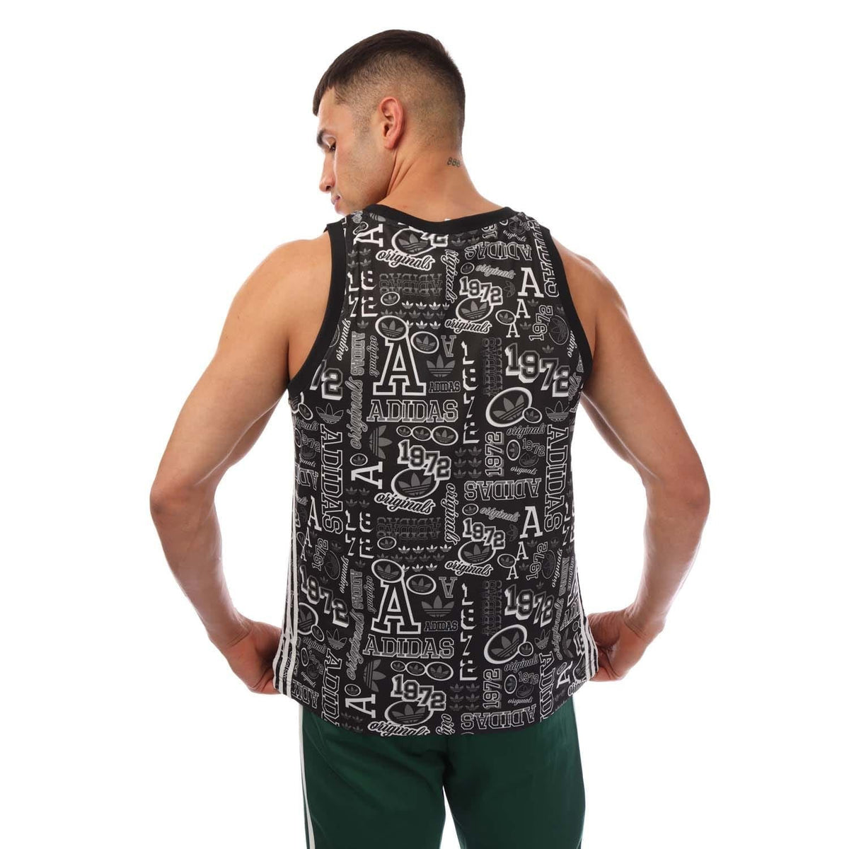 Black basketball tank top with white all-over logo print, sleeveless and back view