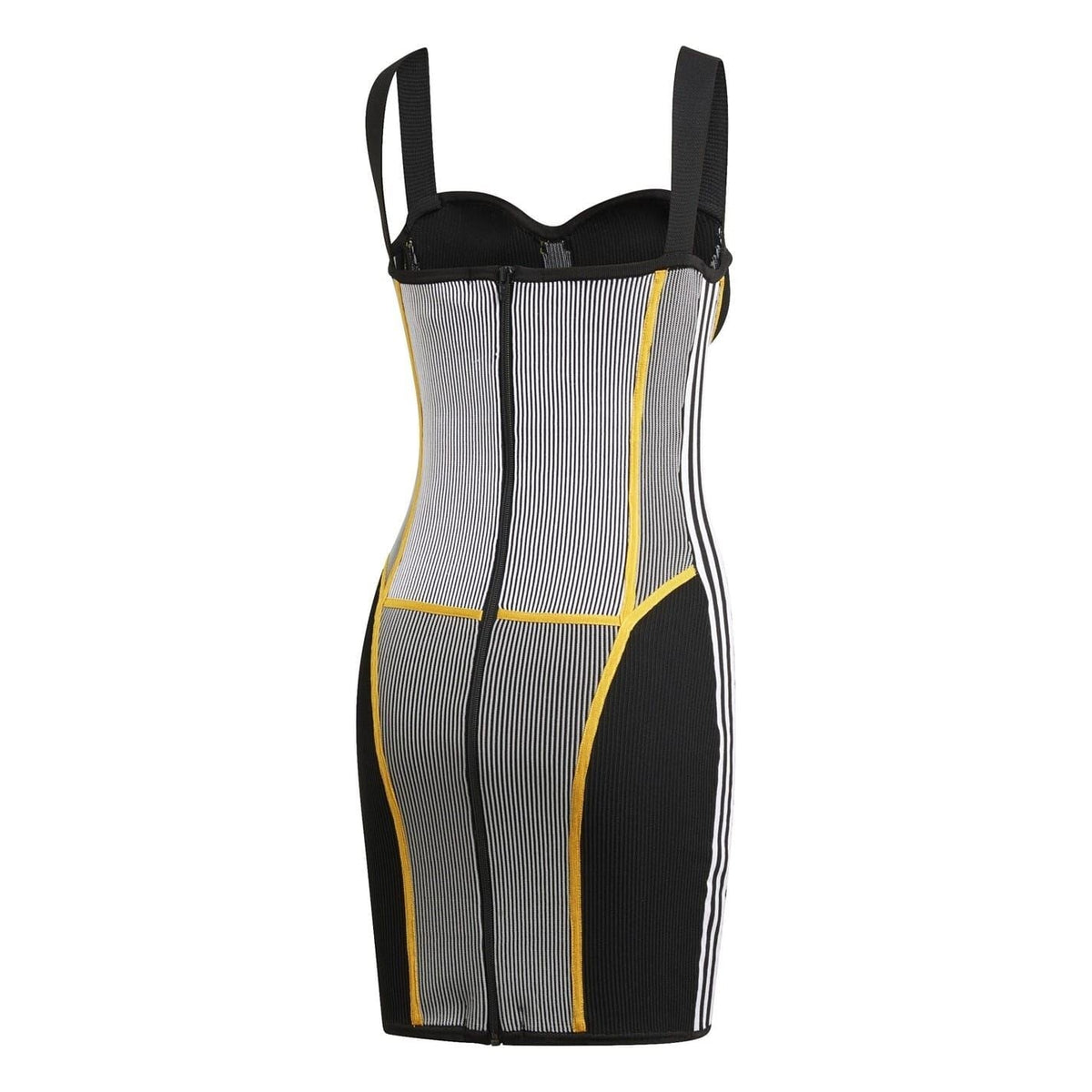 adidas Originals knit corsetry mini dress, black back panel with white stripes and yellow trim