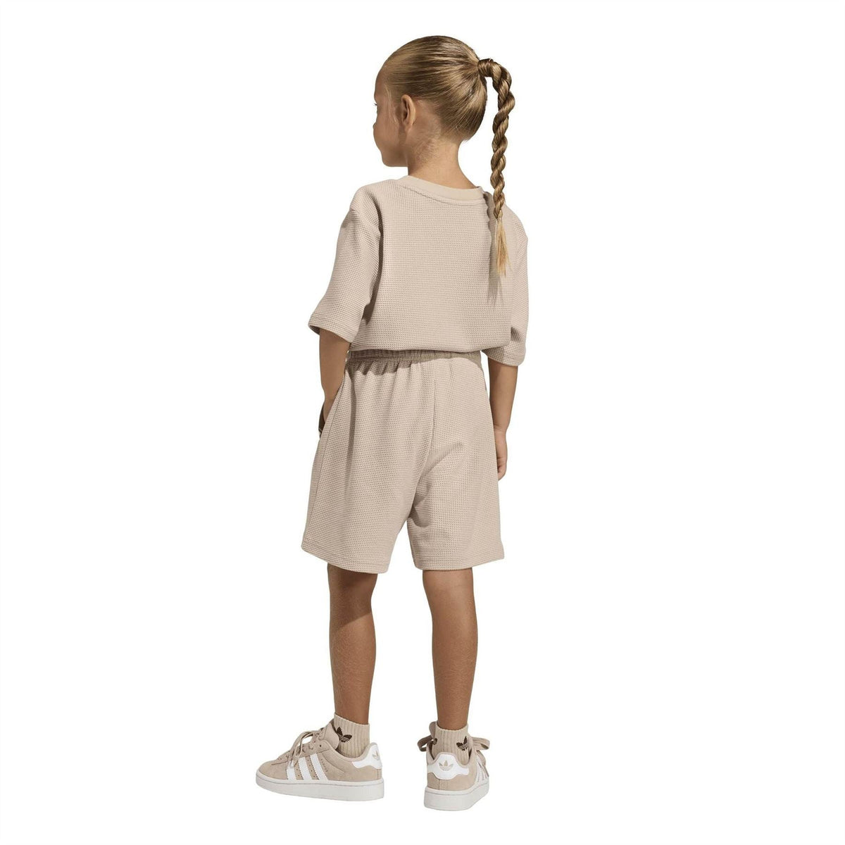 Infants' stone khaki t-shirt and shorts set with adidas trefoil on back, side view.