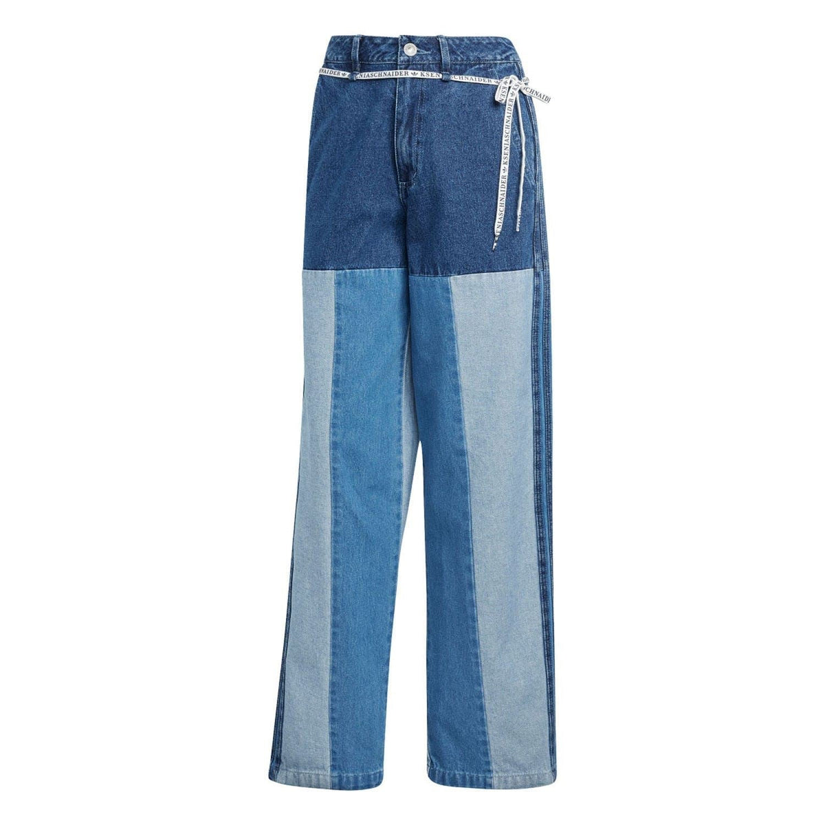 Patchwork straight-leg jeans with blue denim panels, belt loops, and hanging drawstring.