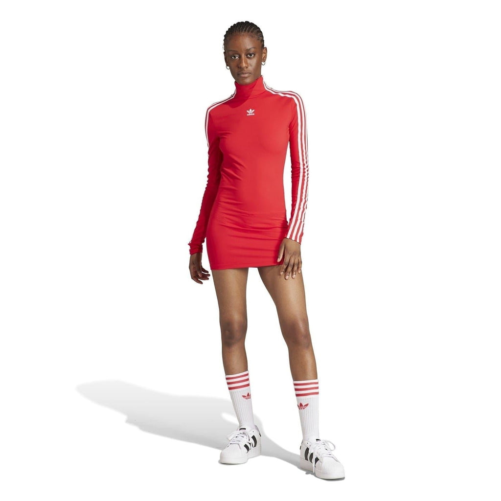 Red bodycon mini dress with mock neck and white 3-stripe long sleeves